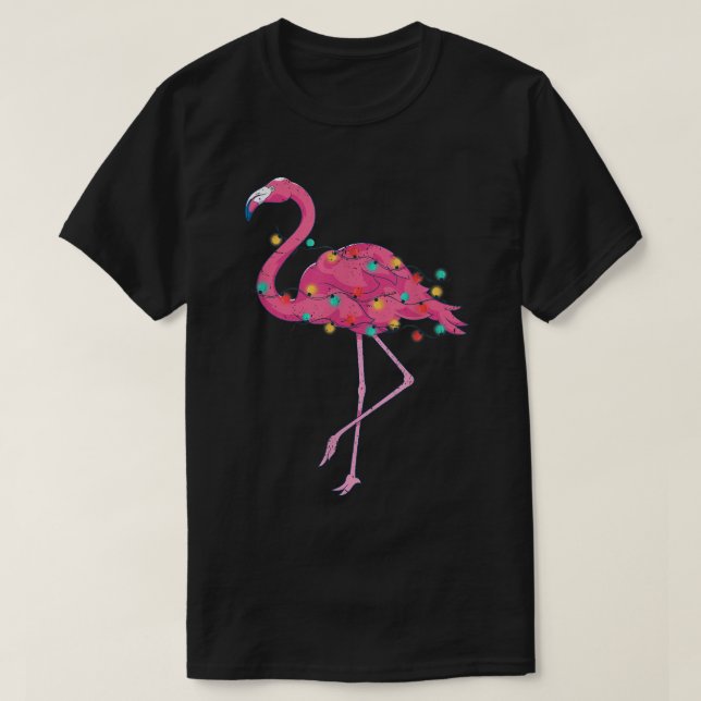 Camiseta Engraçado Xmas Luzes Rosa Flamingo Tropical Natal (Frente do Design)