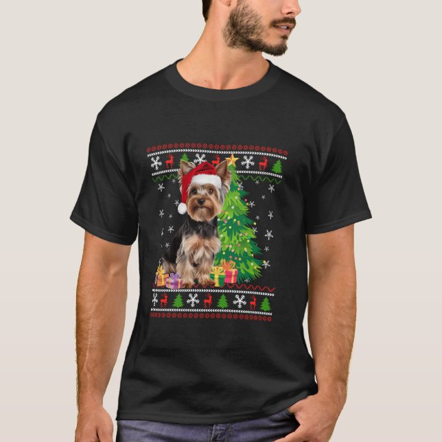 Camiseta Engraçado Yorkie Cachorro Árvore de Natal Santa Ha (Frente)