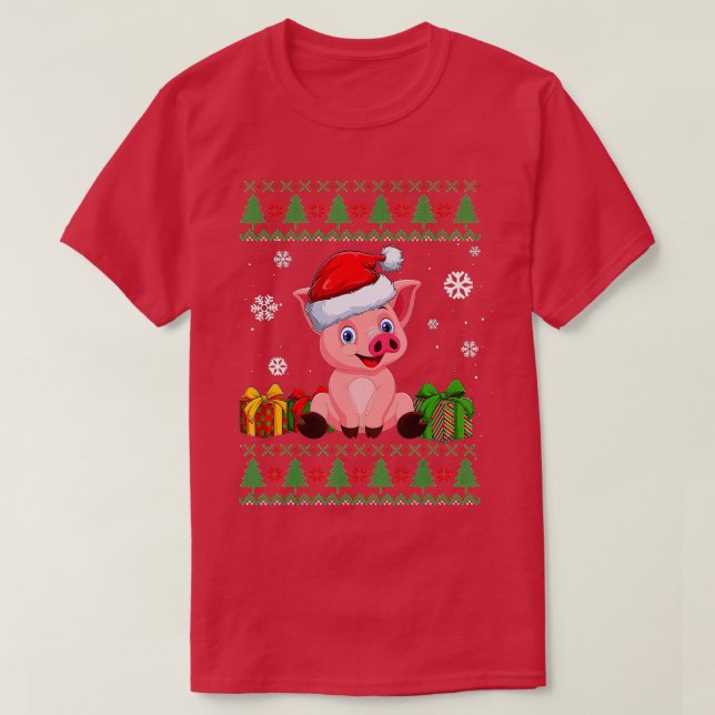 Camiseta Engraçados amantes de Porcos Cachorros Santa Hat F (Frente do Design)