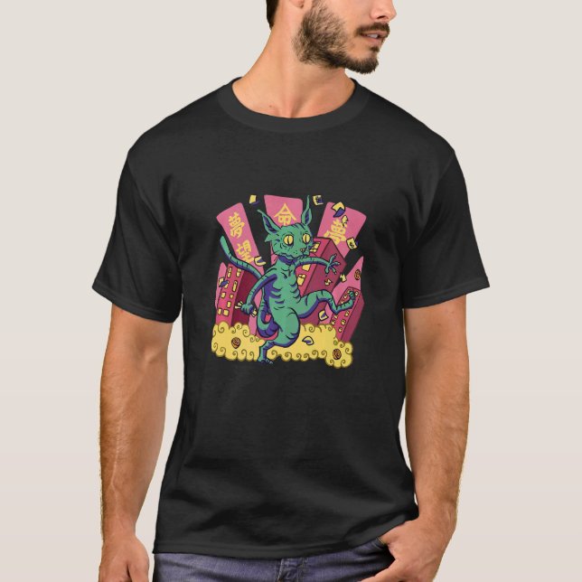 Camiseta Enorme Gato Construindo Assustador (Frente)