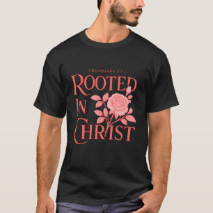 Camiseta Enraizado em Cristo Boho Floral Rosa Bíblia Cristã