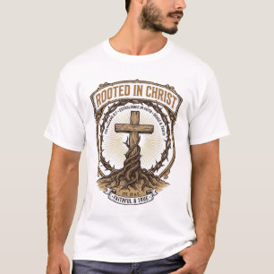 Camiseta Enraizado em Cristo Gravura Vintage Vetor Cristão