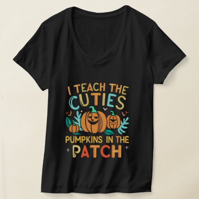 Camiseta Ensinando Cutie Pumpkins no Patch Halloween (Postura )