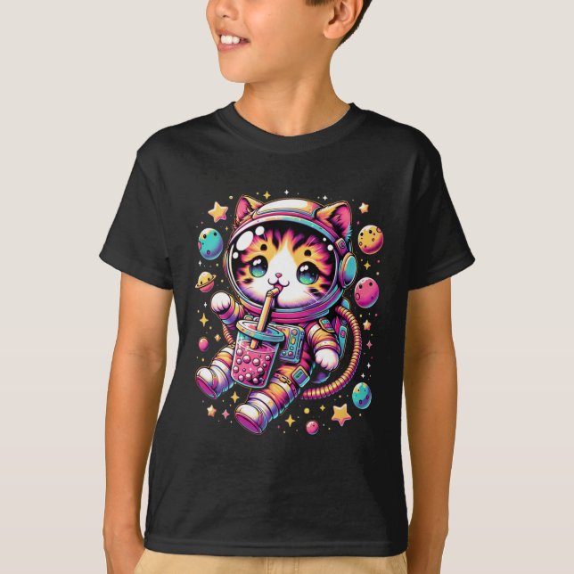 Camiseta Enstronauta Engraçado Espaço Kawaii Boba Tea Cat (Frente)