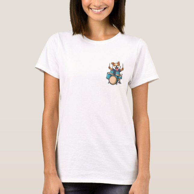 Camiseta Enthusiastic Corgi Dog Drummer Playing Blue Drum (Frente)