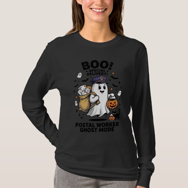 Camiseta Entrega de Halloween no Modo Fantasma do Trabalhad (Frente)