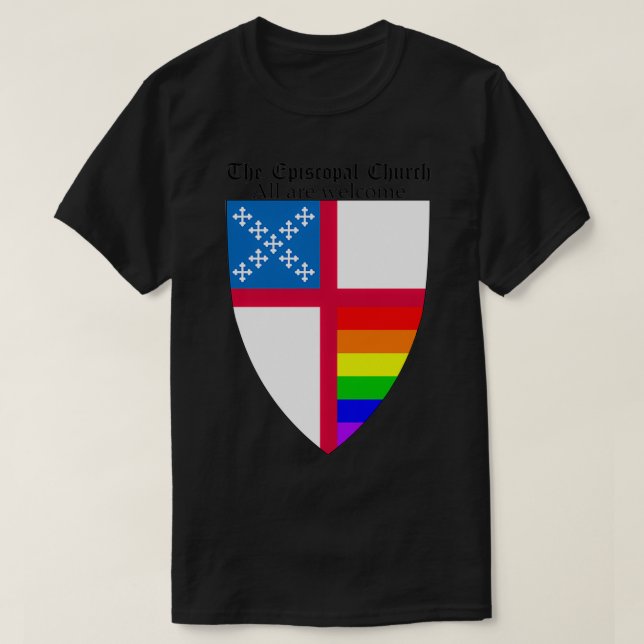 Camiseta Episcopal Church Shield with Rainbow Pride Horizon (Frente do Design)