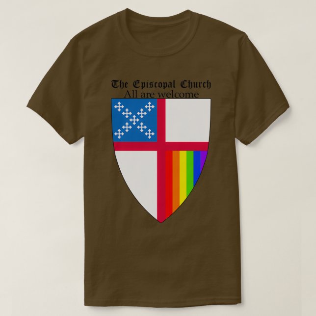 Camiseta Episcopal Church Shield with Rainbow Pride Vertica (Frente do Design)