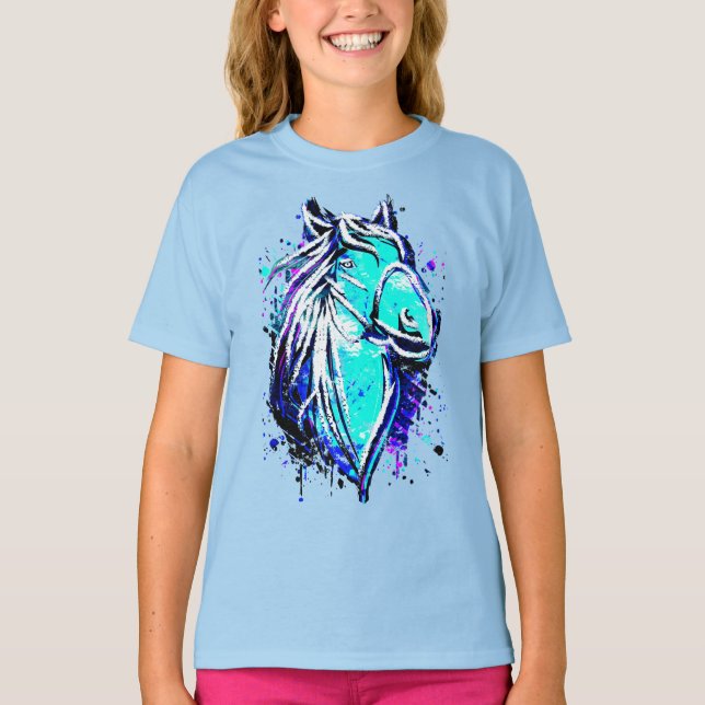 Camiseta Equestre - Desenho de Cavalo Azul - Cavalo de Cava (Frente)
