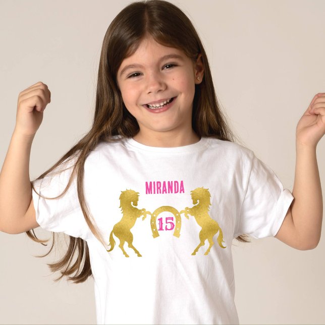 Camiseta Equestre equestre de cavalo (Horse themed birthday party personalized shirt Gold horses pink writing)
