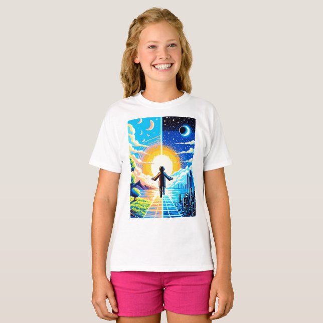 Camiseta Equilíbrio de mundos - Tecnologia de Arte em Pixel (Frente Completa)