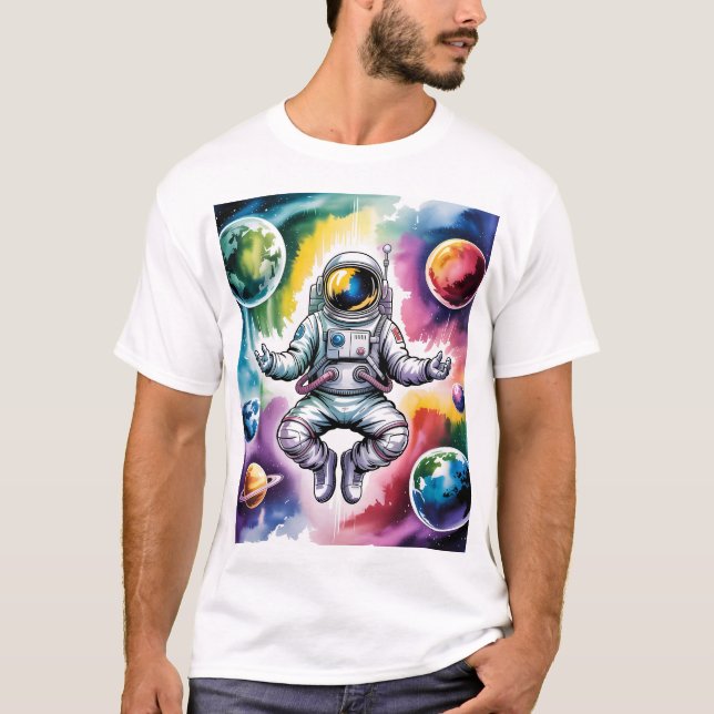 Camiseta Equilíbrio Galáctico - Astronauta e Universo Dentr (Frente)