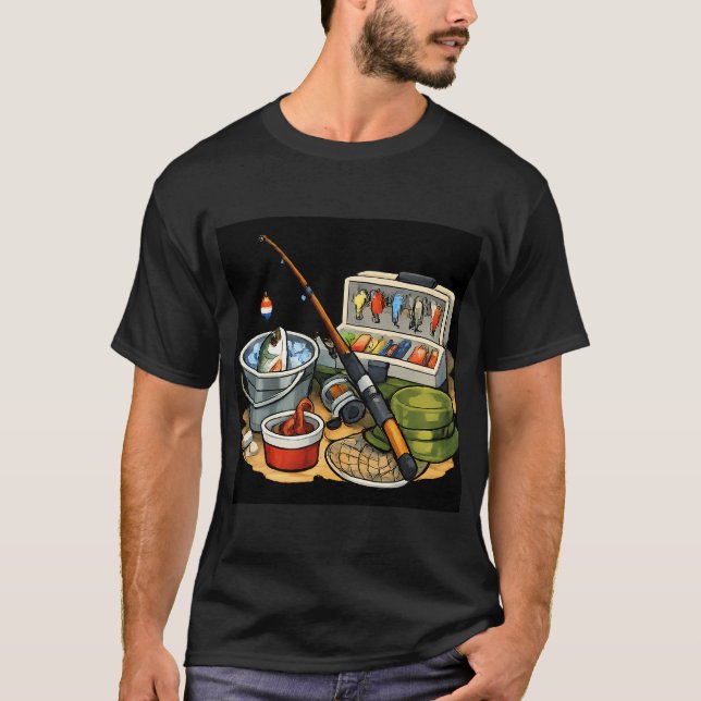 Camiseta equipamento de pesca e peixe fresco (Frente)