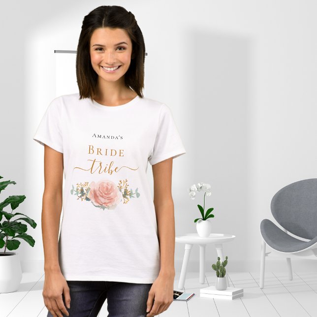 Camiseta Equipe da noiva rosa dourado floral eucalipto folh (Criador carregado)