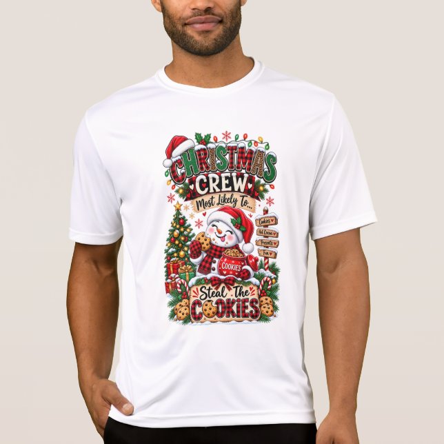 Camiseta Equipe de Natal Mais Propensa a Roubar Biscoitos (Frente)