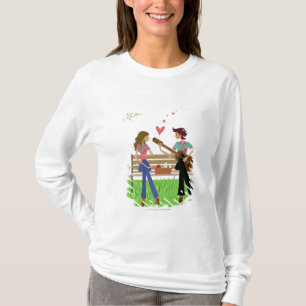 Camiseta Equipe o jogo da guitarra com uma mulher ao lado