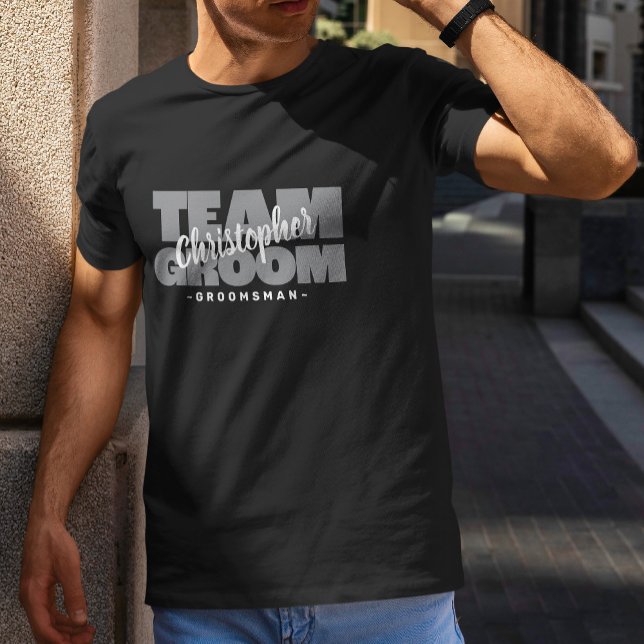 Camiseta Equipe Padrinho do noivo Nome Cinza divertido desp (Bachelor Party Team Groom Groomsman Name Gray Fun T-Shirt)