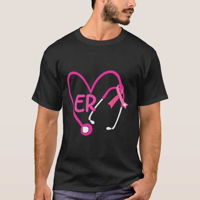 Camiseta Er Cancer De Fita Rosa De Estetoscópio Do Coração  (Frente)