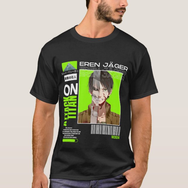 Camiseta Eren Jeager em Titan, com adesivo clássico (Frente)