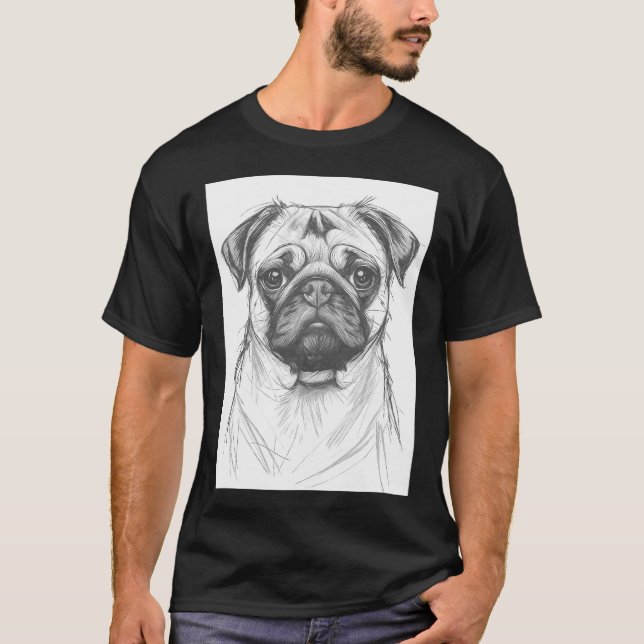 Camiseta Esboço a lápis de Pug preto e branco (Frente)
