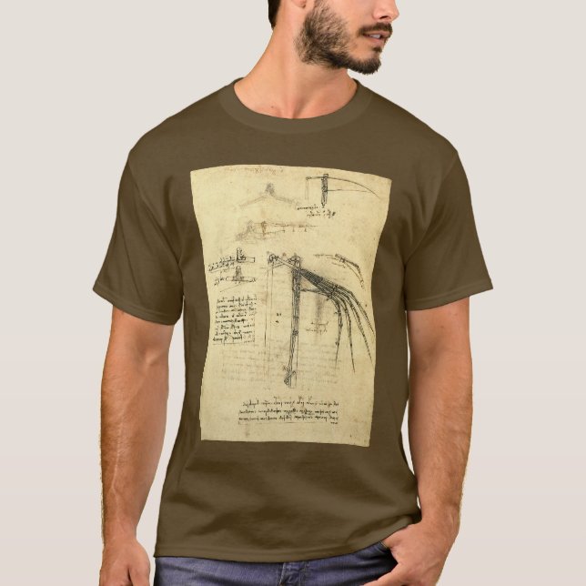 Camiseta Esboço da Ala de Leonardo da Vinci sobre Máquina V (Frente)