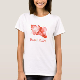 Camiseta Esboço da concha - coral, rosa-casca e branco