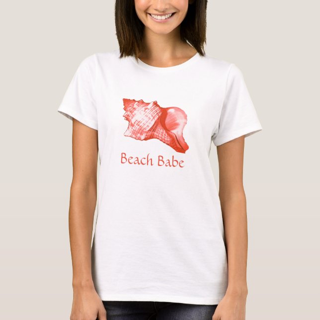 Camiseta Esboço da concha - coral, rosa-casca e branco (Frente)