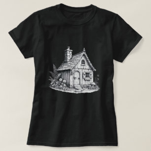 Camiseta Esboço de Cabana Vintage Arte Cottagecore