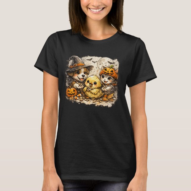 Camiseta Esboço de cachorro e gato do Halloween alimentando (Frente)