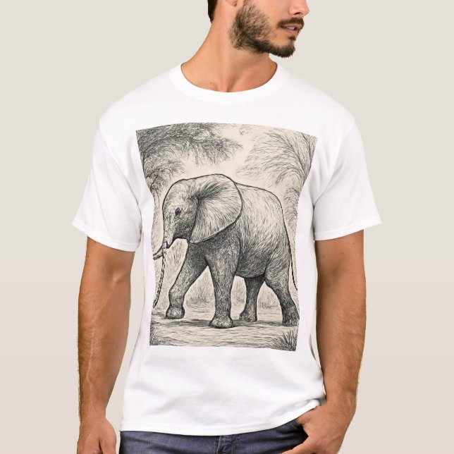 Camiseta Esboço de Elefante a Caminhar – Estilo de Arte da  (Frente)