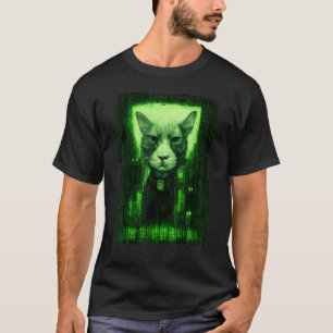 Camiseta Esboço de Gato Digital Cercado por Computador Verd
