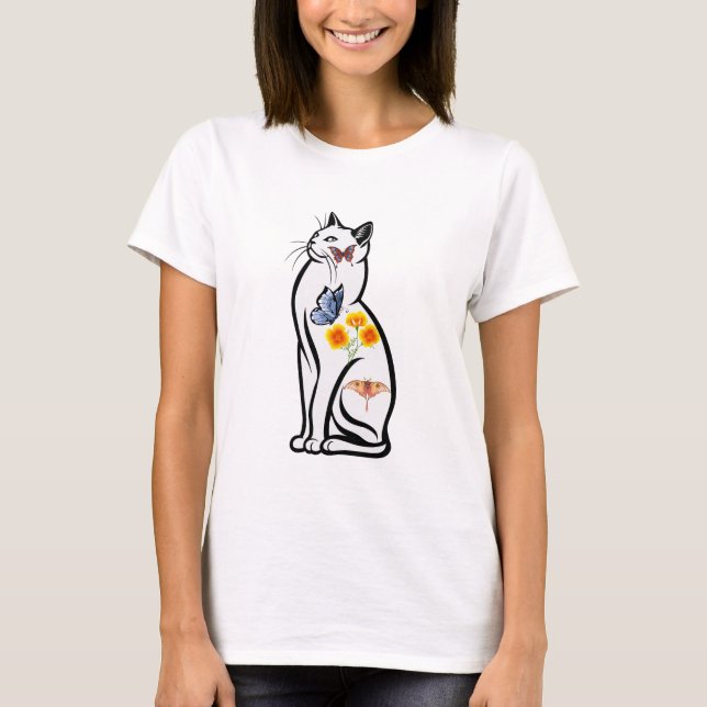 Camiseta Esboço de Gato Elegante com Borboletas e Flor (Frente)