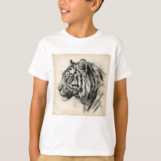 Camiseta Esboço de Perfil de Tigre em Carvão Artístico sobr