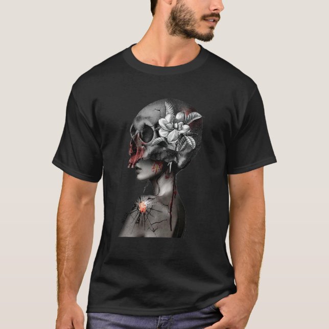 Camiseta esboço do gótico de horror da flor do crânio (Frente)