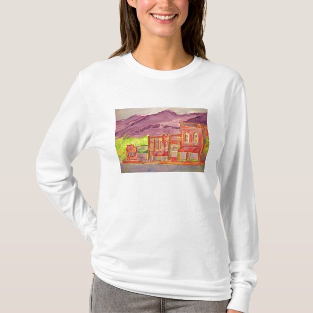 Camiseta esboço do watercolour da cidade da montanha (Frente)