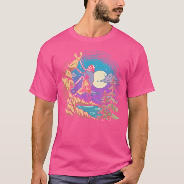 Camiseta Escalador Noturno de Rocha Esqueleto Sob Lua Cheia (Frente)