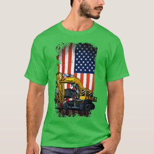 Camiseta Escavador Engraçado Máquinas Pesadas US Flag 1