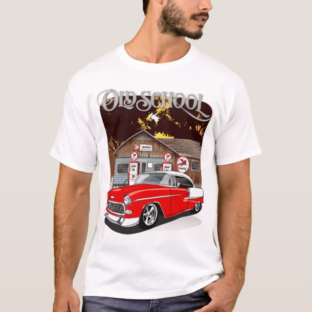 Camiseta Escola Antiga de Chevrolet Bel Air, 1955, Vermelho (Frente)