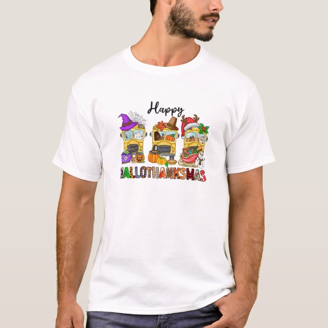 Camiseta Escola Bus Hallothanksmas Dia das Bruxas Ação de G (Frente)