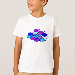 Camiseta Escola cristã dos peixes - roxo e azul