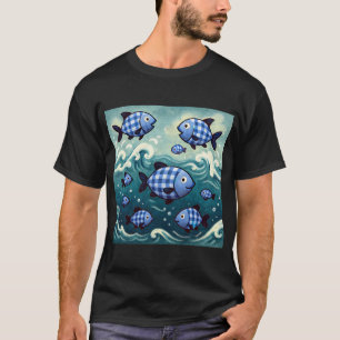 Camiseta Escola de Peixes Xadrez Azul