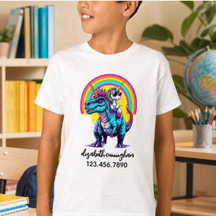 Camiseta Escola Nome Arco-íris Dinossauro Montado Unicórnio