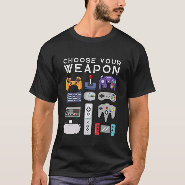 Camiseta Escolha a arma que o seu retrato de jogos de arte  (Frente)
