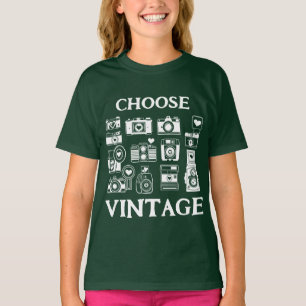 Camiseta Escolha Colagem de Câmera Retro Vintage Kids' Verd