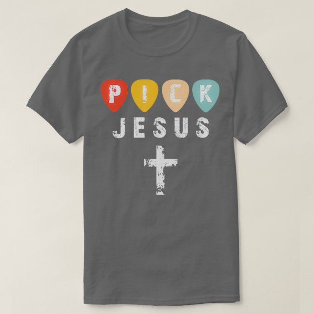 Camiseta Escolha Jesus Retro Vintage Guitar Pick (Frente do Design)