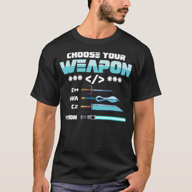 Camiseta Escolha os programadores do seu Arma C++ Java Pyth (Frente)