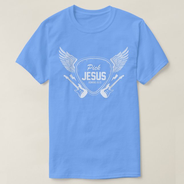 Camiseta Escolher Jesus Banda da Igreja Cristã Guitarrista (Frente do Design)