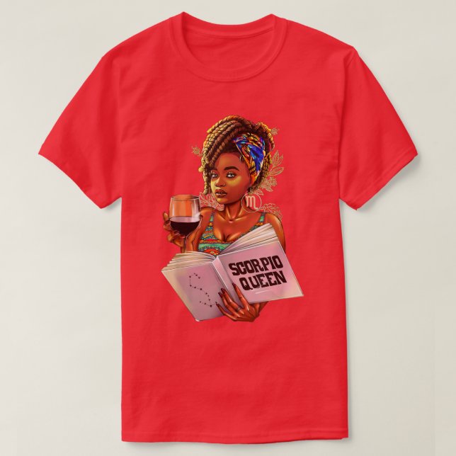 Camiseta Escorpião Rainha Afro Bloqueia Garota Zodíaca Sina (Frente do Design)