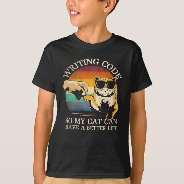 Camiseta Escrevendo Código Para Que Meu Gato Tenha Uma Vida (Frente)
