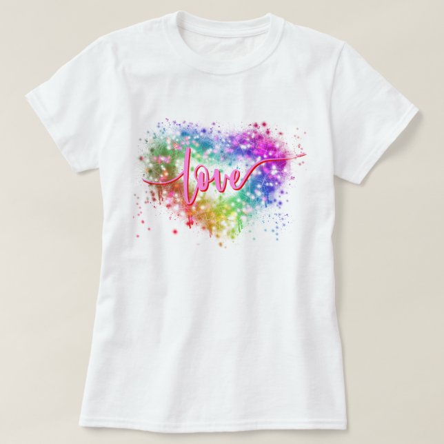 Camiseta Escrito de amor cardíaco com brilho colorido (Frente do Design)